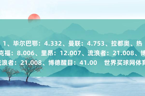 1、毕尔巴鄂：4.332、曼联：4.753、拉都奥、热刺：5.005、法兰克福：8.006、里昂：12.007、流浪者：21.008、博德醒目：41.00    世界买球网体育信息